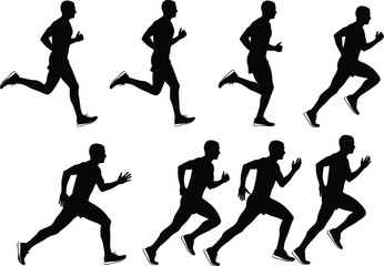 Running silhouette sequence, human motion study, biomechanics breakdown, athletic stride, sports training, animation reference, black figure, sprint, exercise, posture