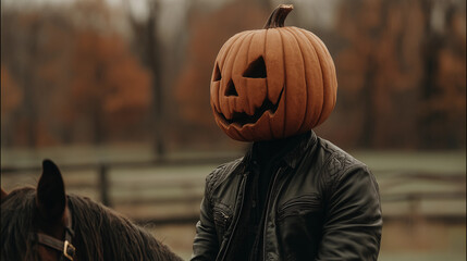 Mysterious horse rider with a pumpkin head in autumn landscape