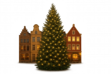 Christmas tree with glowing lights, festive european town houses, winter holiday season celebration, transparent background