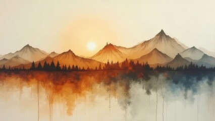 夕焼けに染まる山々の水彩画風風景