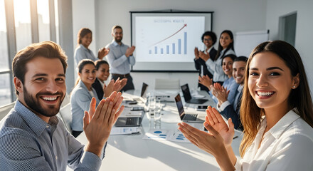 Diverse team applauds success during a business meeting presentation