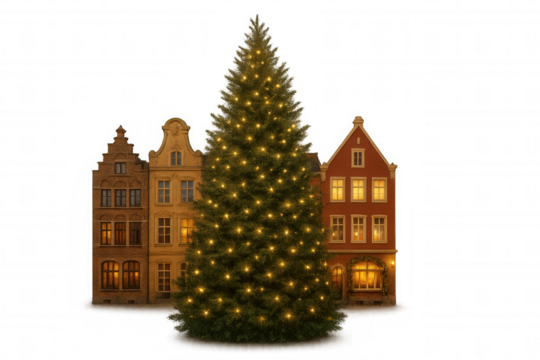 Christmas tree with glowing lights, festive european town houses, winter holiday season celebration, transparent background