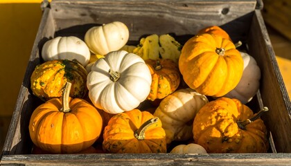 Assorted pumpkins and gourds in a wooden crate