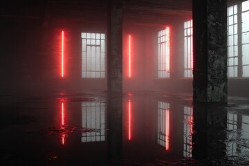 Obraz premium Foggy industrial space with red neon lights reflected in a wet floor, showcasing aged concrete pillars and large windows