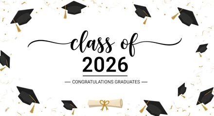 Class of 2026 graduation announcement with caps and diploma isolated on transparent background