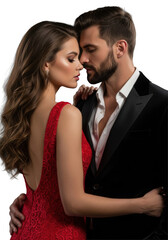 Naklejka premium Young caucasian woman in red lace gown and man in black jacket in intimate embrace, faces close, on black background, soft low-key light, bokeh. Concept of deep romance