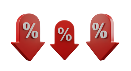 Three red arrows with percentage signs pointing down isolated on transparent background indicating price drop & market drop