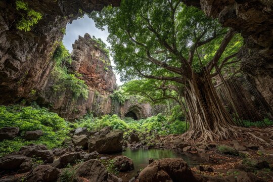 Lush cave opening, giant tree, rocky gorge - Powered by Adobe