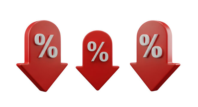 Three red arrows with percentage signs pointing down isolated on transparent background indicating price drop & market drop