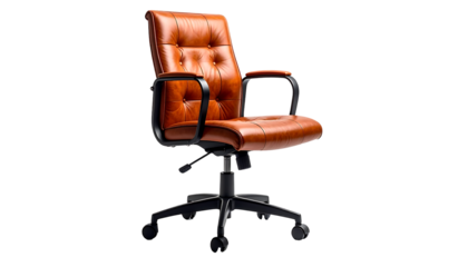 A brown leather office chair with a tufted back, armrests, and a swivel base on black casters.  It has a classic, slightly vintage style