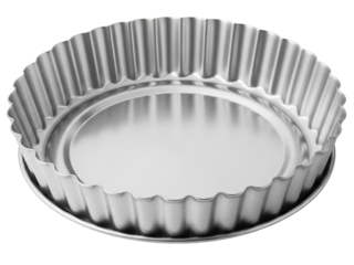 Round metal tart pan with fluted sides and removable bottom on a transparent background