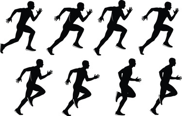 Running silhouette sequence, sprint motion breakdown, athletic biomechanics, human movement study, sports training, dynamic posture, black figure, stride analysis, illustration