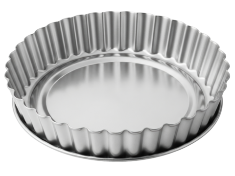 Round metal tart pan with fluted sides and removable bottom on a transparent background