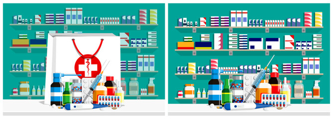 Healthcare store or pharmacy interior with shelves full of medicament. Medical bag with drugs, pills, and thermometer on counter. Pharmacy flat style vector set collection illustration.