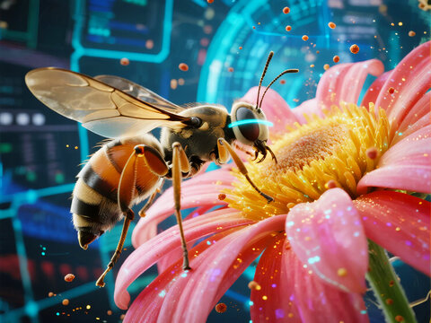 A bee with glowing eyes pollinates a vibrant pink flower against a futuristic digital background.