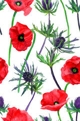Watercolor hand drawn wild grasses poppies and eryngium seamless pattern. Botany illustration of red poppy and blue prickly grass. Background for fabric, packaging, cover, decor, textile. 	