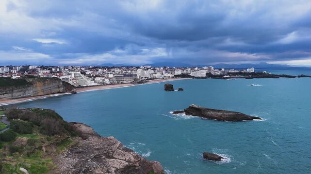 Aerial view from the coastal city of Biarritz at the Basque Country, bathed by the Atlantic Ocean.