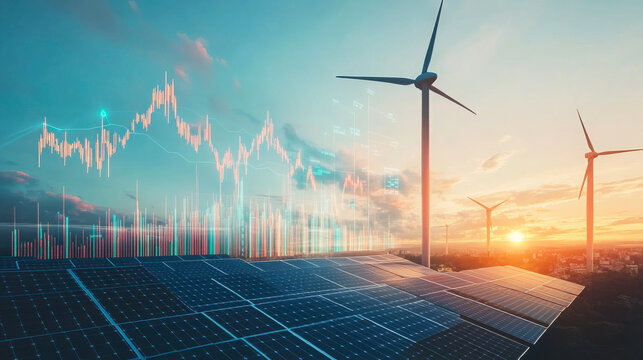 Renewable energy landscape showcasing solar panels and wind turbines at sunset with financial graphs in the background