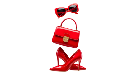 Fashionable 3d red accessories isolated on transparent background including sunglasses, handbag and high heel shoes
