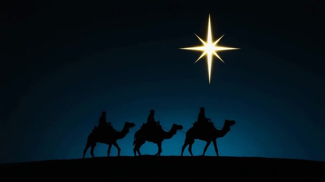Silhouettes of Three Wise Men on Camels Traveling Toward the Star &ndash; Christmas Nativity Video for Religious Content and Holiday Storytelling in Deep Blue Tones