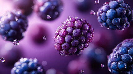 Berries suspended in water droplets on a colorful gradient background