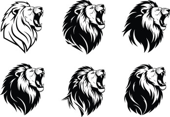 Roaring lion head, tattoo style, graphic animal design, wild beast illustration, black white vector, fierce predator, bold artwork