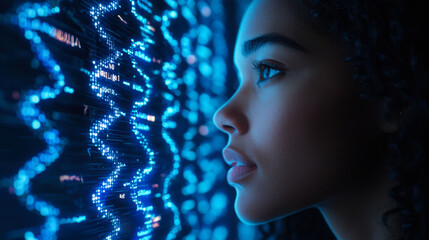 Young woman examines digital DNA strands in a futuristic lab setting