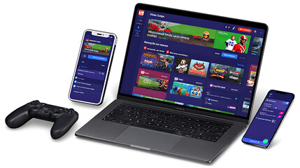 Digital gaming interface displayed across laptop, smartphones, and controller showcasing interactive game selection and streaming features