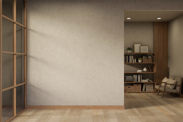 Empty wall alongs wooden parquet floor corridor with wooden armchairs aside bookshelf in room corner