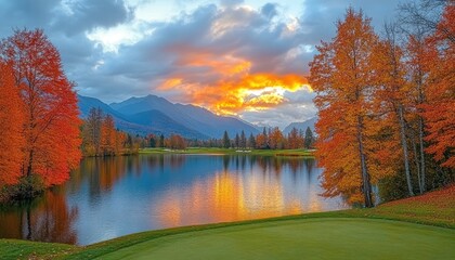 Fototapeta premium Autumn sunset over a tranquil lake