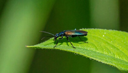 Iridescent beetle on vibrant green leaf