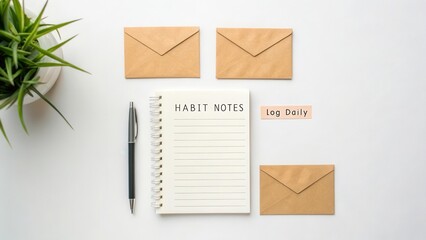 Daily Habit Tracker Notebook with Envelopes and Pen on White Surface