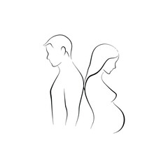 Minimalist line art illustration of a man and a pregnant woman standing back to back on white