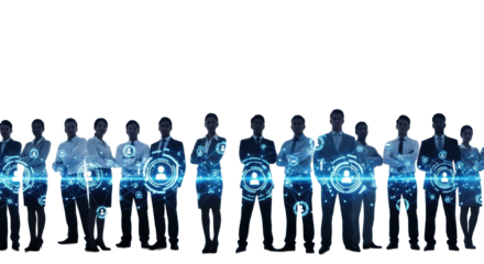 Silhouettes of diverse business people in formal attire with glowing digital network overlay, blurred city skyline, white negative space. Concept of global digital connectivity