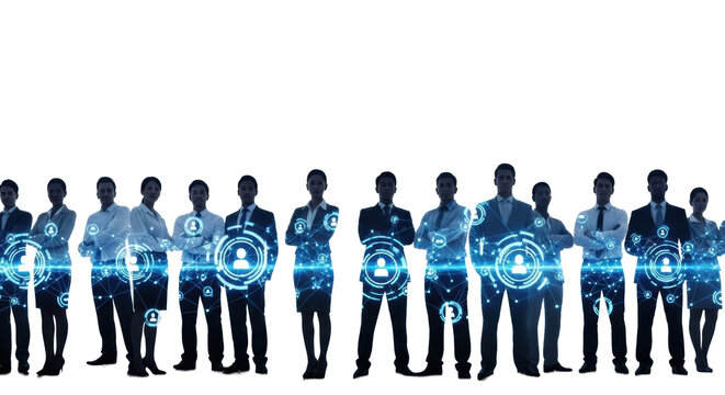 Silhouettes of diverse business people in formal attire with glowing digital network overlay, blurred city skyline, white negative space. Concept of global digital connectivity - Powered by Adobe
