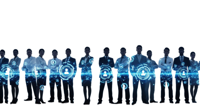 Silhouettes of diverse business people in formal attire with glowing digital network overlay, blurred city skyline, white negative space. Concept of global digital connectivity