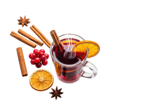 Clear glass mug of deep red mulled wine with steam, garnished with cinnamon stick and dried orange, surrounded by spices on transparent background with copy space, warm festive holiday beverage
