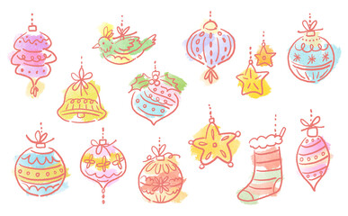 Doodle style Christmas ornament line art clipart set for pattern, card and banner. PNG hand drawn Christmas ornament illustrations.