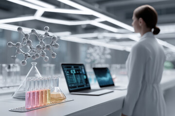in modern laboratory researcher examines virtual molecular model suspended in air