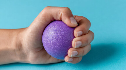 Hand squeezing a purple stress ball on a blue background.