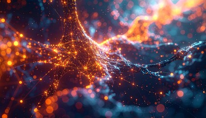 Abstract shimmering digital network of glowing orange and blue particles interconnected by thin lines, representing data flow and technology