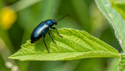 Iridescent blue beetle on green leaf