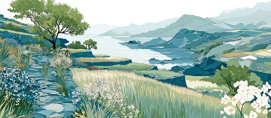 돌담으로 둘러싸인 제주도 돌담밭의 여름풍경, 바닷가 배경, 일러스트레이션 스타일-Summer landscape of Jeju Island's stone wall field surrounded by a wall, with a seaside background, illustration style