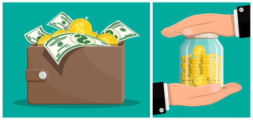 Wallet full of money and hand holding savings jar. Financial abundance, investment, and income growth concept for business. © absent84