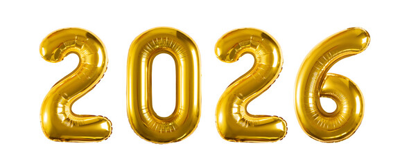 Shiny gold inflatable balloons shaped as the numbers 2026, reflective metallic surface catching light, elegant festive look, on transparent background © Екатерина Клищевник
