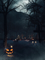Spooky Halloween cemetery with pumpkins, candles, stone crosses, and large withered trees. Image made with 3d resources and painted elements. No AI used.