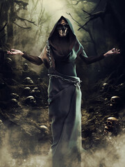 Horror scene with a man standing in a forest, wearing a grim reaper mask, surrounded by trees and skulls. Image made with 3d resources and painted elements. No AI used.