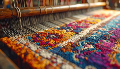 Close-up of a vibrant, intricately woven tapestry on a wooden loom, showcasing traditional craftsmanship and colorful textile art