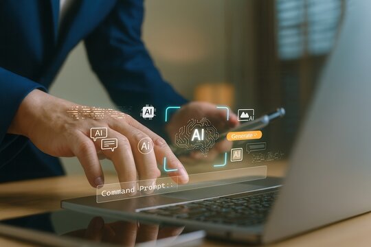 Artificial intelligence technology for business,AI icons on screen with man working on laptop,generative AI tool,chat command interface,innovation in digital workflow