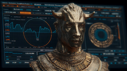 Ancient bull-headed statue displayed against a futuristic digital interface with data visualizations and analytical graphs